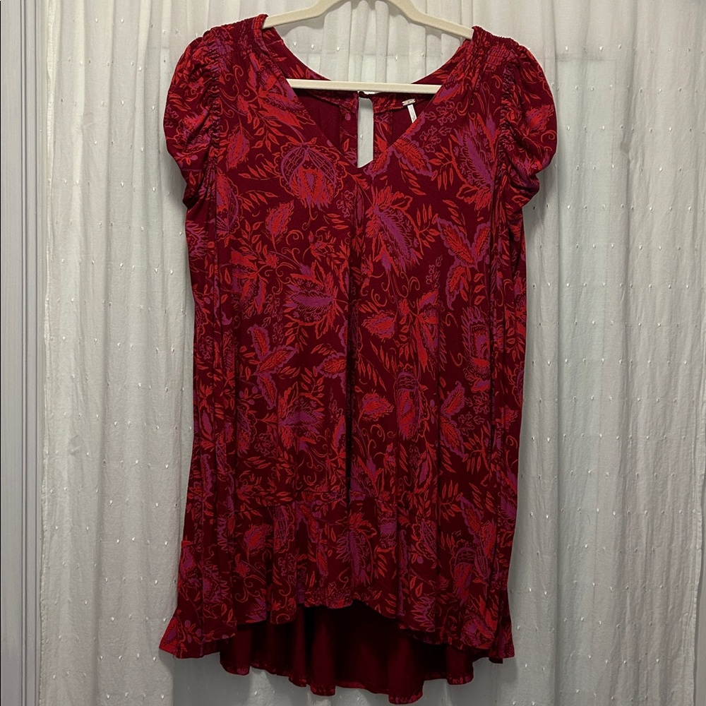 Free People Hello Lover Tunic Dress Size XS Scarlet Combo Puff Sleeve High Low